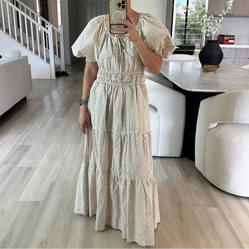 Anthropologie Cream Polka Dot Maxi Dress w puff sleeves size M